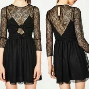 Zara Trafaluc Black Lace Bow Tie Front Mini Dress Size Large NWT
